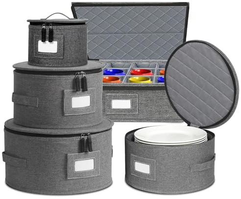 CISSIYOG Juego de 5 recipientes de almacenamiento de platos de fieltro, juego de recipientes de almacenamiento de vajilla con divisor para platos, tazones, vasos, vasos, vasos de porcelana, contenedor