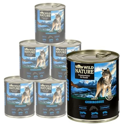 Dehner Wild Nature Hundefutter Gebirgssee, Nassfutter getreidefrei / zuckerfrei, für ausgewachsene Hunde, Lachs / Huhn, 6 x 800 g Dose (4.8 kg)