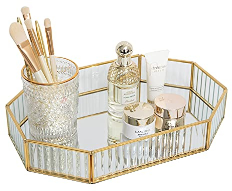 SLHEQING Spiegeltablett Gold Vintage Spiegel Tablett Make-up Schmuck Organizer, Verspiegelt Metall Deko Tablett