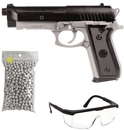 2EAGLE Pack Airsoft Pistolet modèle PT92 Bicolore à Ressort-ref: 210125/matière: Plastique Haute résistance et Culasse métal/Puissance 0.5 Joule/livré avec Accessoires, 220 mm