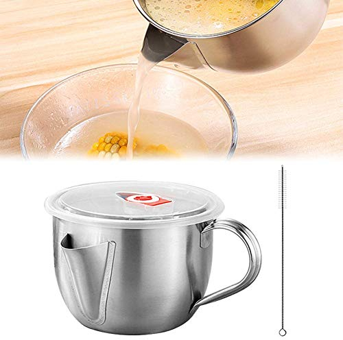 LNJ Fetttrennkanne Edelstahl - 1000ML Fettabscheider Für Soßen | Degraissierkanne Mit Deckel & Reinigungsbürste Mehrzweck Öl Suppe Sieb Tasse Abschöpfen Von Fett Aus Und Suppen