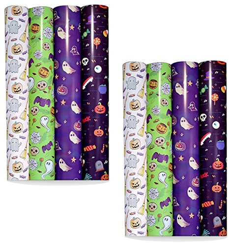papel con diseño de Halloween, Hoja de Papel para Envolver Regalos Papel de Regalo Juego de 8 Hojas de Papel de Halloween,Patrón de Calavera y Calabaza Hoja de n Diseño Colorido