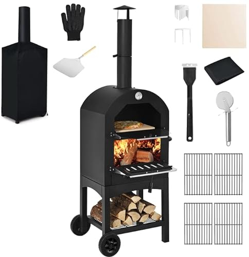 GYMAX Horno de Pizza para Exteriores con Piedra para Pizza y Pala, Horno de Cocina con Termómetro y Función de Barbacoa, Estufa de Pizza con Cubierta y 2 Ruedas para Picnic, Fiesta y Camping