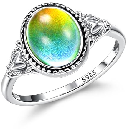 Florideco 925 Sterling Silver Mood Rings for Women Vintage Handmade Victorian Rings Oval Solitaire Ring 18K White Gold Plated Color Change Mood Rings Womens Jewelry MD10
