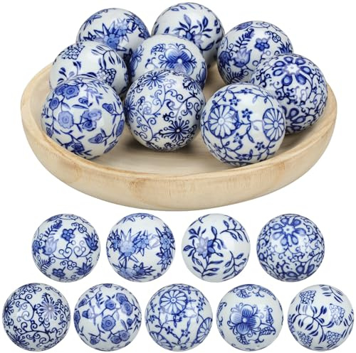 Vesici 9 Pcs Blue and White Ceramic Ball Decor,Leaf Style