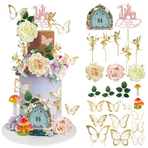 25 PCS Fairy Cake Decoration, Garden Butterfly Cake Decorations, Mushroom House Cake Decoration Fairy Party Favors Garden Fairy Cake Decoration DIY Fairy Party Supplies