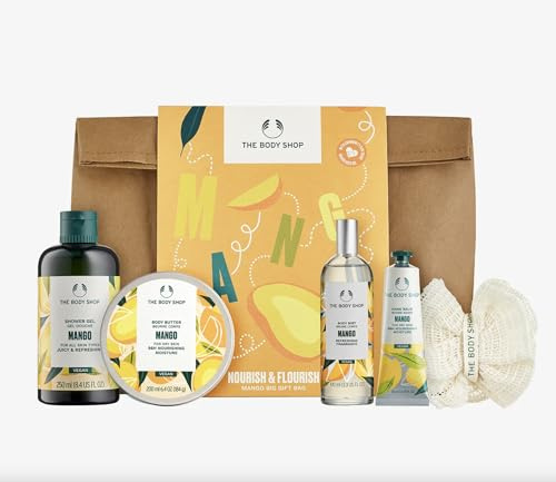The Body Shop Mango presentset – veganskt vårdset med duschgel 250 ml, kroppssmör, kroppsspray, handkräm och luffasvamp – tropisk doft – gåva för kvinnor