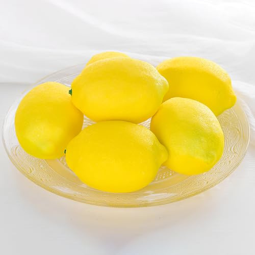 WOKICOR Lot de 6 citrons artificiels - Faux fruits jaunes réalistes pour la décoration de table - Décoration de citron - Parfait pour la cuisine, les fêtes d'été et les centres de table - Décoration