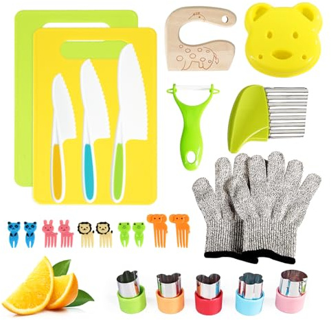 26 Pcs Kids Knife Set, Montessori Kitchen Tools for Toddlers' Real Cooking, BPA Free Knife Set Includes Crinkle Cutters Kid Safe Knives Cutting Board Peeler, Kitchen Tools for 4+ Year Old Girl Boy