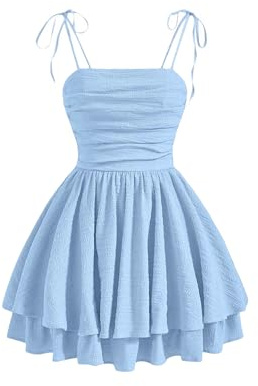 GORGLITTER Women's Tiered Ruffle A Line Cami Dresses Tie Shoulder Ruched Bust Smocked Short Sundress Light Blue X-Small