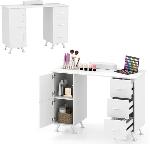 HOMASIS Tavolo per Manicure in Legno, Scrivania per Unghie con 3 Cassetti, 2 Armadietti, Poggiapolsi Rimovibile, Tavolo da Nail Art con Piedini Metallici per Salone di Bellezza, Trucco (Bianco)