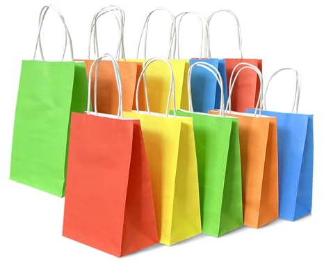 10Pcs Colorful Paper Gift Bags with Handles, 14cmx8cmx20cm kids Goodie Bag Bulk, Small Party Favor Bags for Businesses, Wedding, Birthday, Party Supplies and Gifts, Halloween Trick-or-Treat