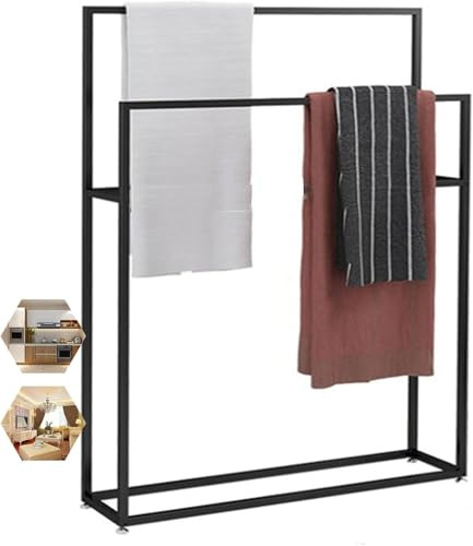 Toallero de metal independiente – Soporte para toallas de suelo de 2 niveles para baño y estudio, accesorios de almacenamiento de baño elegantes (negro, 65 x 20 x 110 cm)