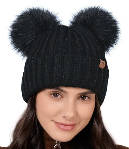 Creekstone Gorro de invierno con doble pompón para mujeres y niñas, gorro cálido con forro polar, gorro de punto grueso de piel sintética, Negro metálico, Talla única