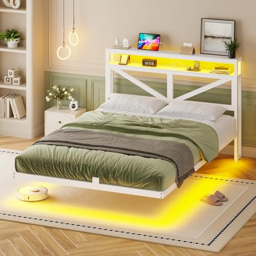 AOGLLATI Letto Matrimoniale 140×190 cm, Struttura Letto con illuminazione a LED e Stazione di Ricarica, Letto in Metallo con Effetto Visivo Fluttuante, per Camera da Letto, Bianco