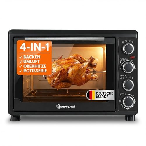 Sommertal Minibackofen 30 Liter mit Drehspieß & Umluft, 1500W, 100–230°C, 60 Min. Timer, Hähnchengrill Mini Backofen, Kleiner Backofen zum Backen, Grillen & Pizza, Campingbackofen inkl. Zubehör