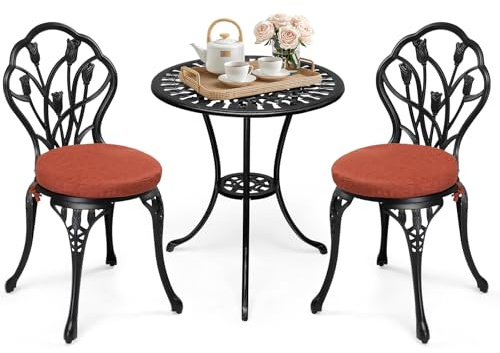 Bonnlo 3 Piece Patio Bistro Set with Seat Cushion, Cast Aluminium Bistro Table and Chairs Set 2, Tulip Design (Classic Black & Terracotta)