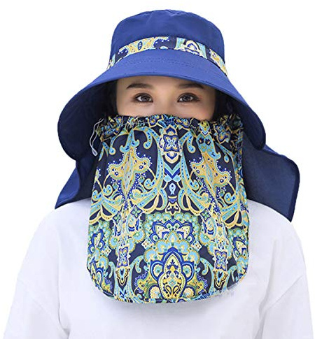 Women Sun Protection Hat Ponytail Neck Face Flap Cover Garden Summer Hats Travel Outdoor Fishing Visor Cap Chin Cord Sports M9099-navy