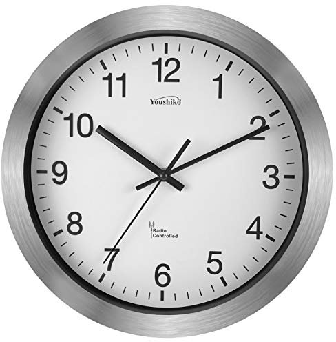 Youshiko Radio Controlled Wall Clock (Official UK & Ireland Version), Premium Quality, Silver, Aluminium Case 30cm, / 12-Inch Diameter, Home/Kitchen/Office/School Clock, Easy to Read