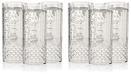 ADEPTNA Pack of 6 Clear Crystal Effect Long Drink Glasses - Plastic Highball Whiskey Wine Champagne Flute Glasses Tumblers Drinks Cups Reusable and Durable
