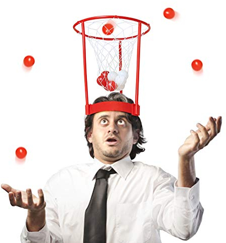 Novelty Place Head Basketballkorb Party-Spielset für Kinder und Erwachsene - Verstellbares Basketball-Stirnband mit 20 Bällen - Rot & Weiß