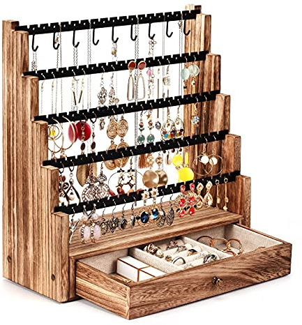 Pinzoveco Earring Organizer, 5 Layer Earring Holder Organizer with Necklace Holder Pole, Rustic Wood Jewelry Organizer Stand Display for Stud Earring Bracelet Necklace Ring, 175 Earring Holes