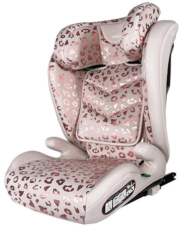My Babiie Highback Booster Car Seat - ISOFIX, 100-150cm (Approx. 4-12 Years, Group 2/3), i-Size R129, Adjustable Child High Back Seat, Padded, 10 Position Headrest - Blush Leopard