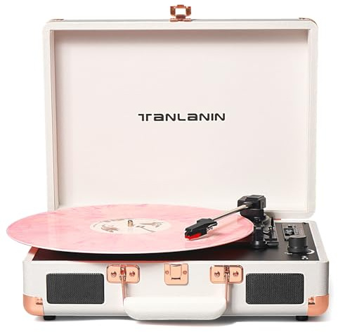 Vinyl Record Player Bluetooth Vintage 3-Speed Portable Suitcase Turntables with Built-in Speakers, Belt-Driven LP Player Support USB Recording AUX-in RCA Line Out Headphone Jack, White