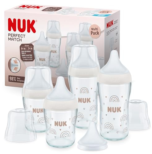 NUK Perfect Match Glass Baby Bottles Set | 6+ Months | Adapts to Baby's Palate | Temperature Control | 4 x Anti Colic Bottles & Extra Silicone Teat | 120 ml & 230 ml | BPA-Free | Rainbow | 5 Count