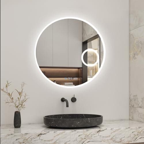 Biubiubath LED Badspiegel Rund 80cm mit Touch/Wandschalter Beschlagfrei Kalt/Neutral/Warmweiß Dimmbar Badezimmerspiegel mit Uhr und 3-Fach Kosmetikspiegel IP44