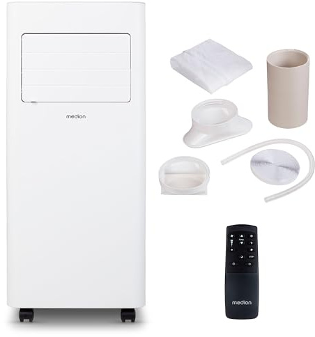MEDION Mobile Klimaanlage mit Abluftschlauch E901 (9000 BTU, mobil, inkl. Fensterabdichtung, bis 32m², 3in1 Kühlen Entfeuchten Ventilieren, Schlafmodus, MD 37731)