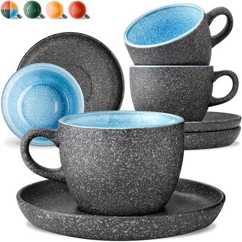Cosumy Set de 4 Tazas de Capuchino - 200ml en Cerámica con Platillos – Juego de Café Moderno - Gres Grueso con Esmalte Reactivo Hecho a Mano - Mantiene el Calor por Más Tiempo (Azul)