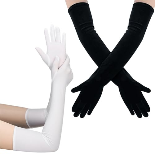 Zeaying 2 Paio Lunghi Guanti Donna Eleganti, Nero/Bianco, Guanti da Sera da Donna, Guanti da Ballo, Guanti di Raso fino a Gomito, per Matrimoni Festa in Maschera Carnevale