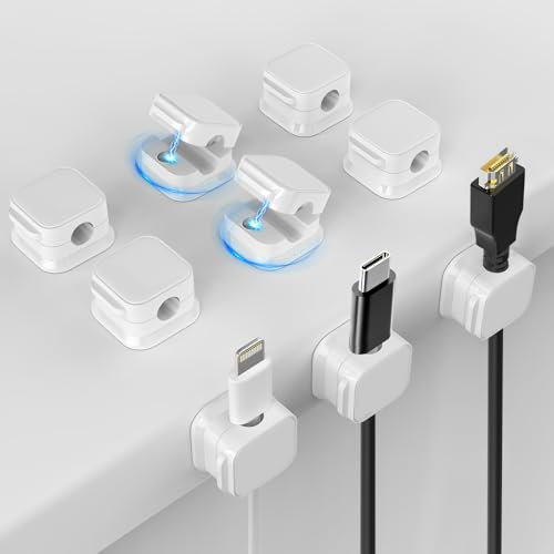 Quirlig 9 Pièces Clips Câbles, Organisateur Câble Magnetique avec Auto-adhésifs, Magnetic Support de Cable pour le Bureau, La Table de Nuit, USB, HDMI, Audio, Blanc
