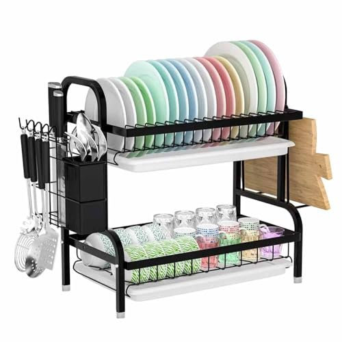 Dish Drainer Rack-Draining Board Rack with Drip Tray & Rotate Drainage Spout,Dish Rack for Kitchen Counter,Dish Drying with Cups, Utensil & Cutting,2-Tier (B)