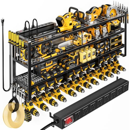 POKIPO 49.5 W Large Power Tool Organizer Wall Mount with Charging Station, 4 Tier Heavy Duty 12 Cordless Drills Holder Load 800 lb, Tool Battery Storage Rack Built in 8 Outlet Power Strip for Garage