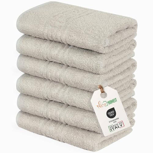 nice homeit Set mit 6 Gesichts- und Gästehandtüchern aus Baumwolle, 40 x 60 cm, aus 100% ringgesponnener Baumwolle, extra weich und saugfähig, hergestellt in Italien, Taupe