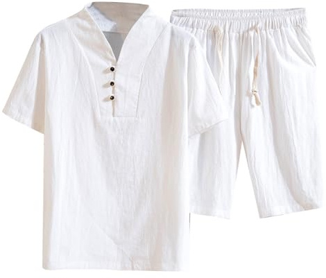 Conjunto de hombre de algodón y lino de 2 piezas para hombre Ropa Camisa Camiseta Comercial Conjunto Deportivo y Ocio Conjunto de Pantalones Cortos de Manga Corta Chaquetas Largas, Blanco, M