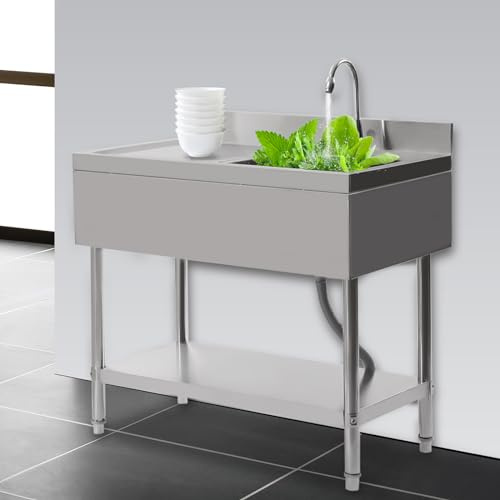 1 Becken Edelstahl Spültisch, Profi Spültisch Gewerbliche Freistehend Spüle mit Filterkorb und Wasserhahn, 100x60x80cm Multifunktionswaschtisch Rechts Deluxe Spültisch für Küche Wäsche Garage