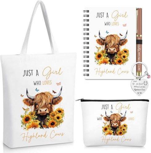 Sinmoe 5 Pcs Highland Cow Gift Set Women Christmas Highland Cow Lovers Stuff Canvas Tote Bag Makeup Bag Keychain Notebook Pen(Bean Paste,Stylish)