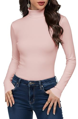 Cuptacc Longsleeve Damen 2025 Trendy Rippstrick Rollkragen Basic Pullover Winter Schmale Passform Stretch Elegant Langarmshirt Damen Hellrosa M Mittel