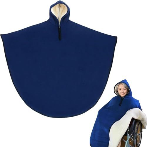 Tmendy Manta para Silla de Ruedas con Capucha – Poncho Cálido Forrado de Felpa Antifrío para Adultos, Mayores y Personas con Movilidad Reducida, Capa Térmica de Invierno Blue