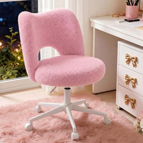 Cliporix Vanity Chair for Girls Bedroom, Cat-Ear Design, Teddy Fleece | Hollow-Out Back Support,Height Adjustable, 360° Swivel & 45cm Wide Seat, Armless Pink Dressing Table Chair for Home Office