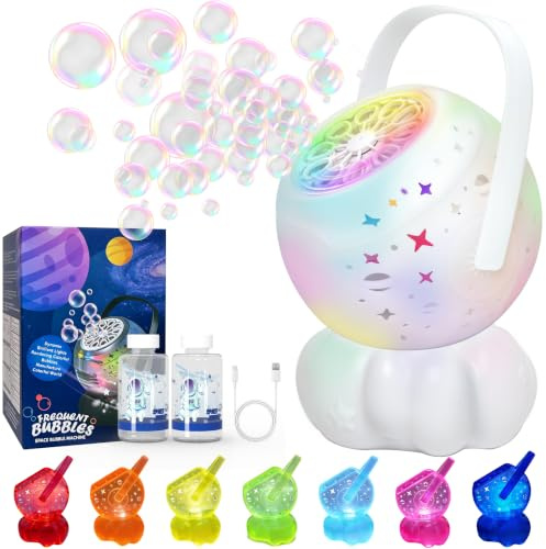 Rechargeable Bubble Machine for Kids Planet Design 600ML Automatic Bubble Maker with Bubble Solution 7-Color LED Lights Type-C 1200mAh Battery Ideal Toy Gifts for Outdoor Parties