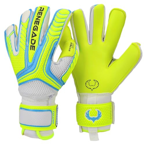 Renegade GK Vulcan Surge Goalie Gloves with Pro-Tek Finger Spines | 3.5+3mm Hyper Grip & 4mm Duratek | Neon Yellow & Blue Soccer Goalkeeper Gloves (Size 7, Youth, Roll-Neg Hybrid Cut, Level 3)