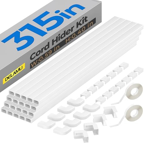 Delamu Cord Hider, 315in Total Cord Covers for Wires on Wall, Paintable Cable Cover for Wall Mounted TV, Easy Install Cable Raceways to Hide 1-2 Cords, 20 Pack, Each 15.7L x 0.59W x 0.40H, White