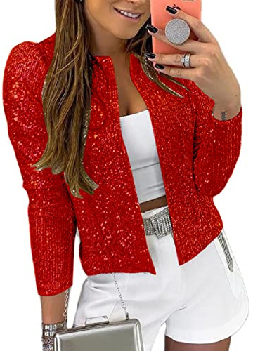 Sequin Jackets for Women Party Club Evening Long Sleeve Fashion Open Front Blazer Casual Cardigan Red XXL