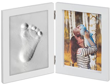 Relaxdays 1 x Babybilderrahmen mit Gipsabdruck, Set für Handabdruck oder Fußabdruck, DIY Babyabdruck, mit Modelliermasse, weiß