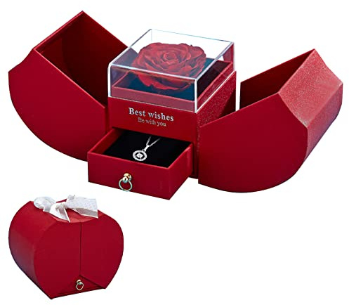Les-Theresa Boîte à Bijoux en Verre, Boîte à Bijoux Rose éternelle avec Tiroir Boite Eternelle Rose Eternelle en Boite avec Carte et Sac Cadeau pour Saint-Valentin Anniversaire Mariage
