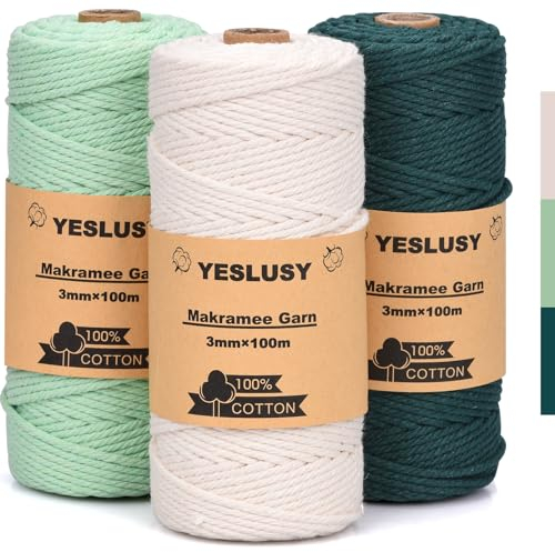 YESLUSY Premium Makramee Garn Natur 3er Set, 3mm x 100m Baumwollgarn, für DIY Handwerk, Weihnachten, Weben Dekoration und Hängepflanzen